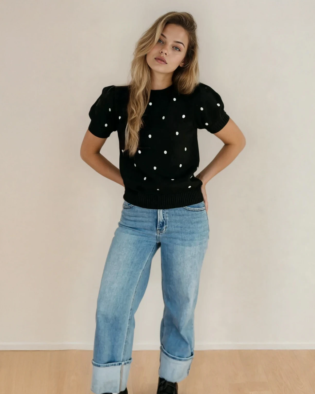 River Polka Dot Bubble Short Sleeve Sweater - Black | Dropship